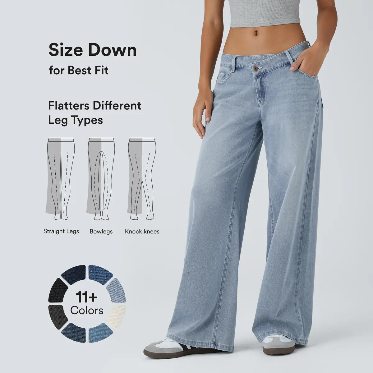 Women’s Asymmetric Low Rise Baggy Wide Leg Jeans – Washed Denim, Zipper Pockets, Casual Fit