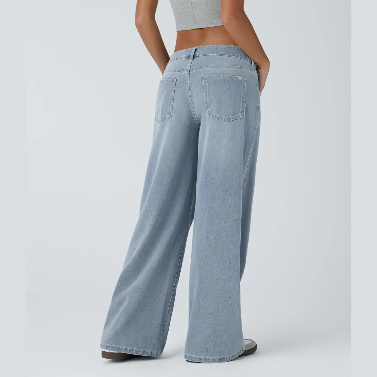 Women’s Asymmetric Low Rise Baggy Wide Leg Jeans – Washed Denim, Zipper Pockets, Casual Fit