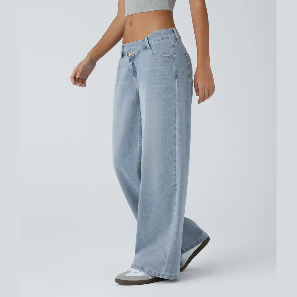 Women’s Asymmetric Low Rise Baggy Wide Leg Jeans – Washed Denim, Zipper Pockets, Casual Fit
