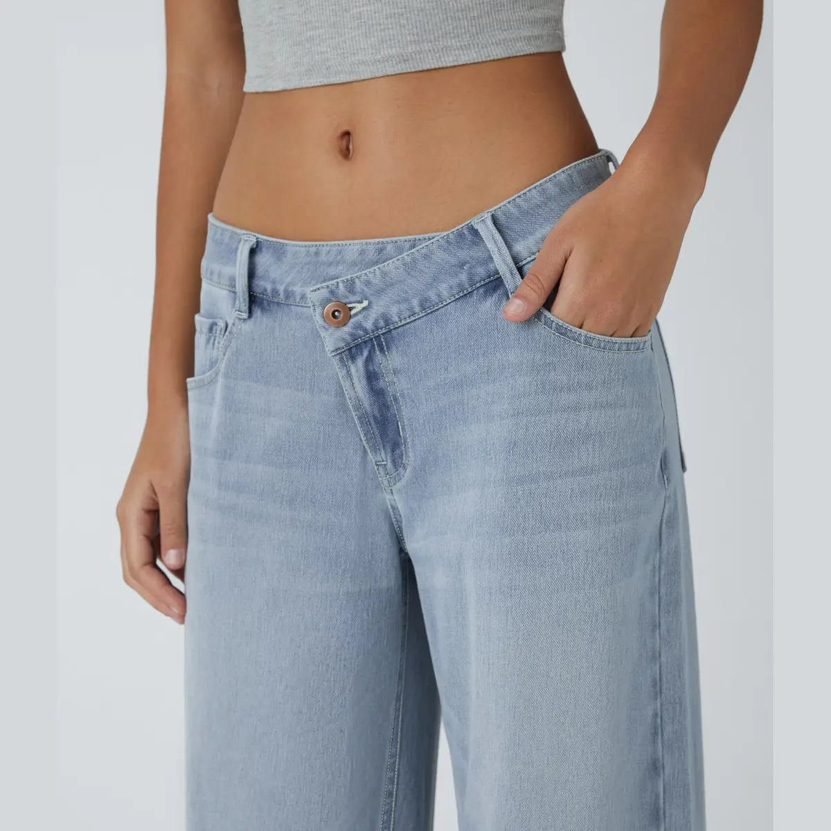 Women’s Asymmetric Low Rise Baggy Wide Leg Jeans – Washed Denim, Zipper Pockets, Casual Fit