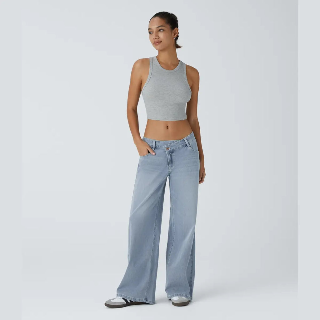 Women’s Asymmetric Low Rise Baggy Wide Leg Jeans – Washed Denim, Zipper Pockets, Casual Fit