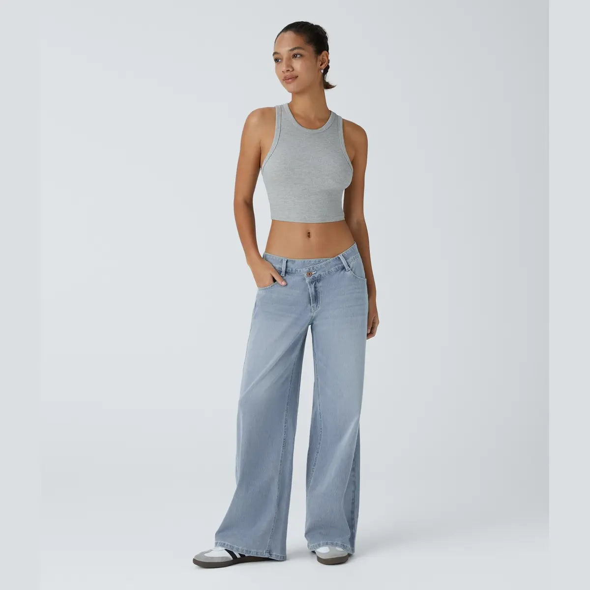 Women’s Asymmetric Low Rise Baggy Wide Leg Jeans – Washed Denim, Zipper Pockets, Casual Fit