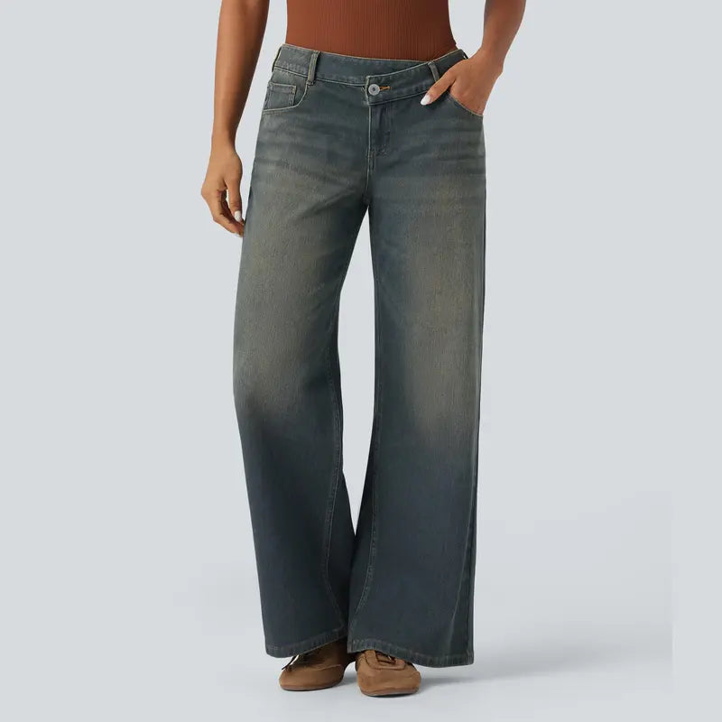 Women’s Asymmetric Low Rise Baggy Wide Leg Jeans – Washed Denim, Zipper Pockets, Casual Fit