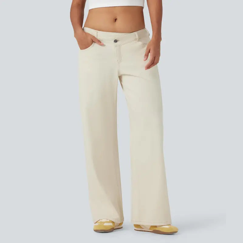Women’s Asymmetric Low Rise Baggy Wide Leg Jeans – Washed Denim, Zipper Pockets, Casual Fit