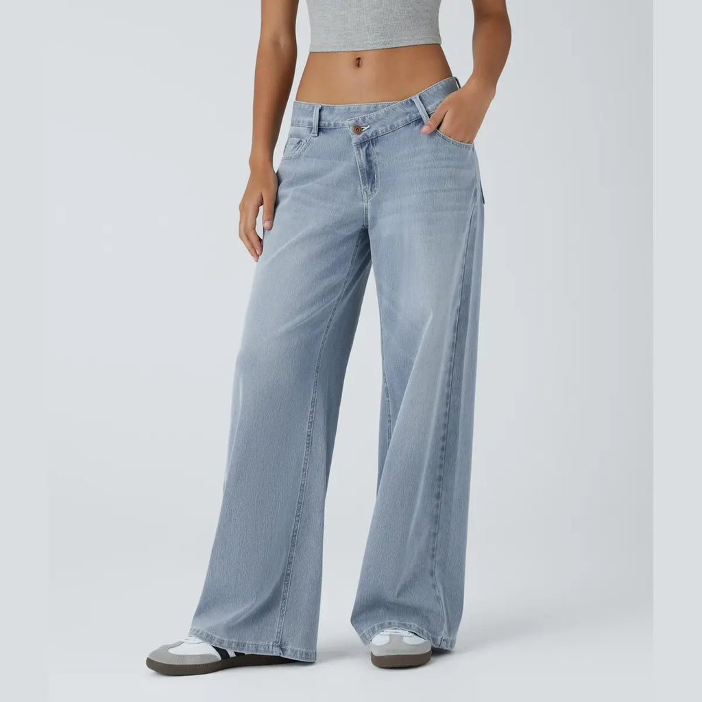Women’s Asymmetric Low Rise Baggy Wide Leg Jeans – Washed Denim, Zipper Pockets, Casual Fit