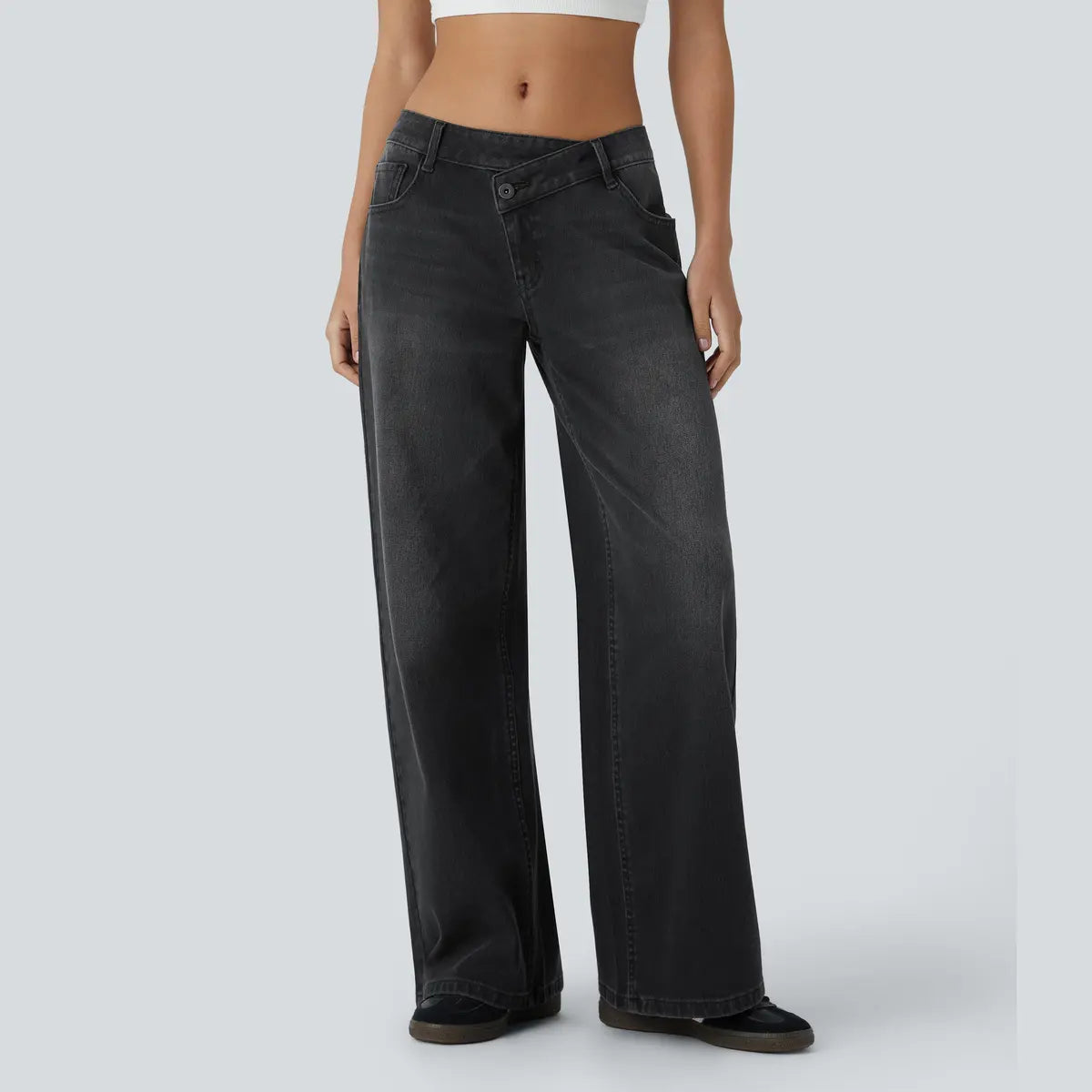 Women’s Asymmetric Low Rise Baggy Wide Leg Jeans – Washed Denim, Zipper Pockets, Casual Fit