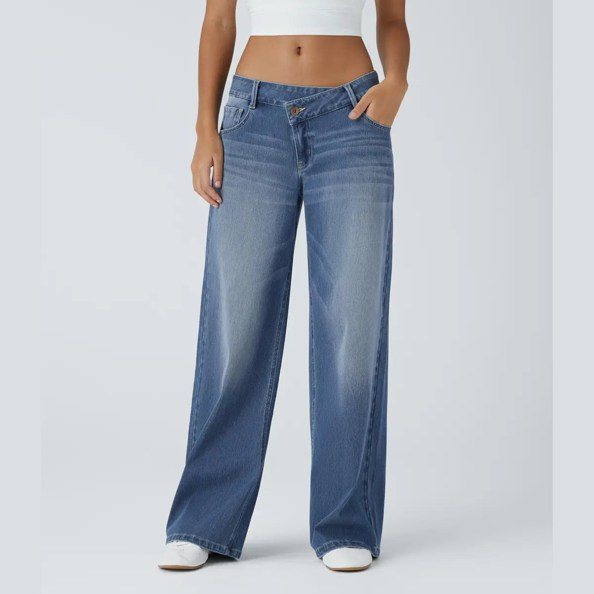 Women’s Asymmetric Low Rise Baggy Wide Leg Jeans – Washed Denim, Zipper Pockets, Casual Fit