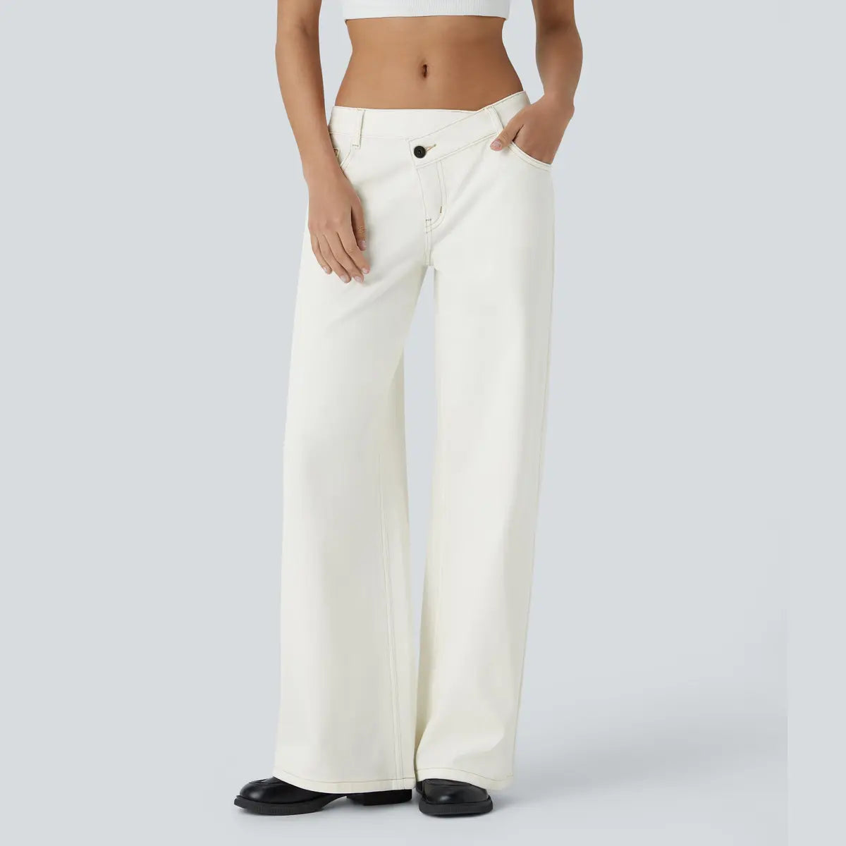 Women’s Asymmetric Low Rise Baggy Wide Leg Jeans – Washed Denim, Zipper Pockets, Casual Fit