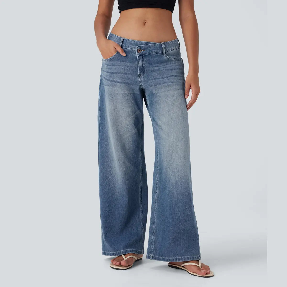 Women’s Asymmetric Low Rise Baggy Wide Leg Jeans – Washed Denim, Zipper Pockets, Casual Fit