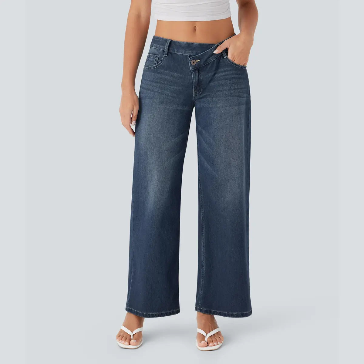 Women’s Asymmetric Low Rise Baggy Wide Leg Jeans – Washed Denim, Zipper Pockets, Casual Fit