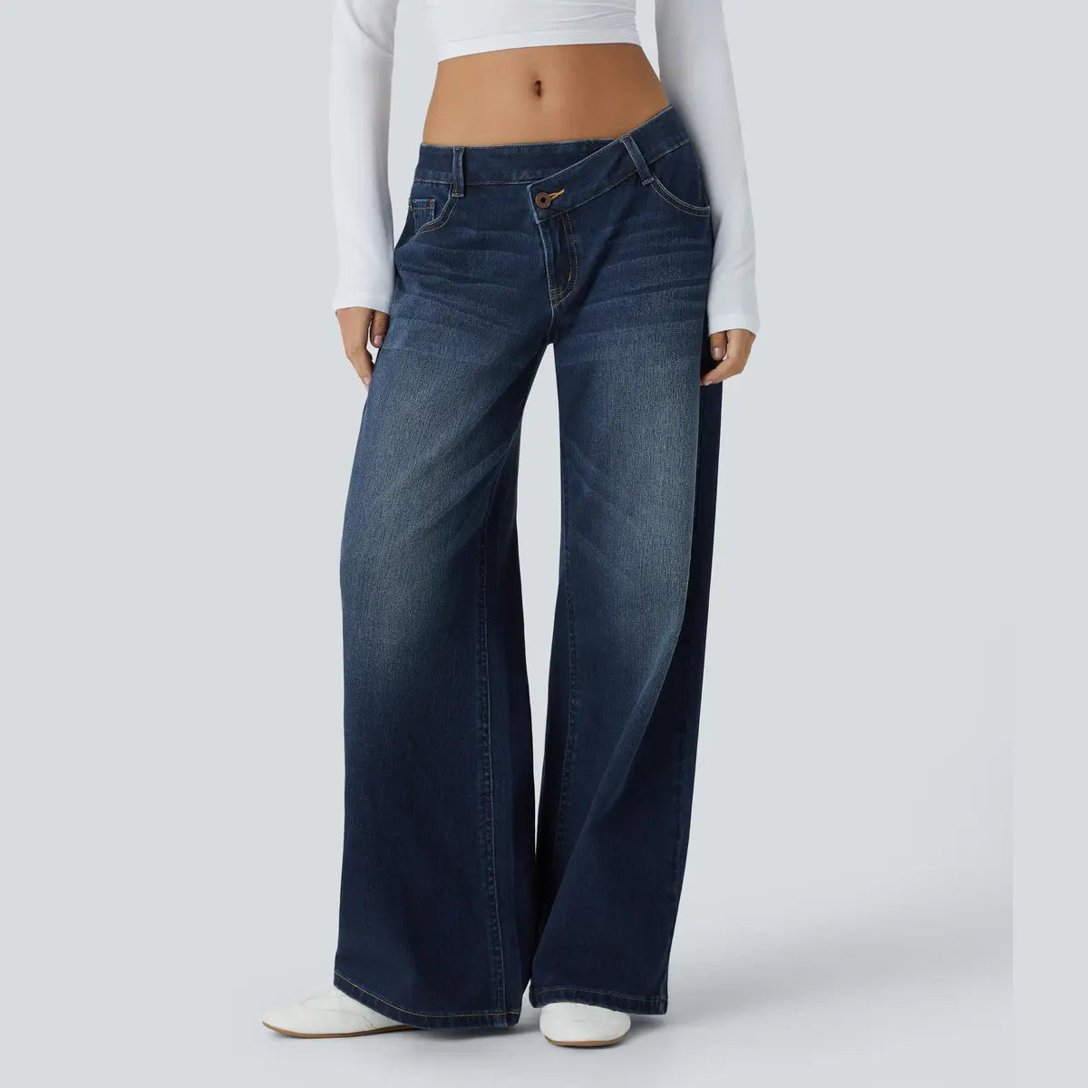 Women’s Asymmetric Low Rise Baggy Wide Leg Jeans – Washed Denim, Zipper Pockets, Casual Fit