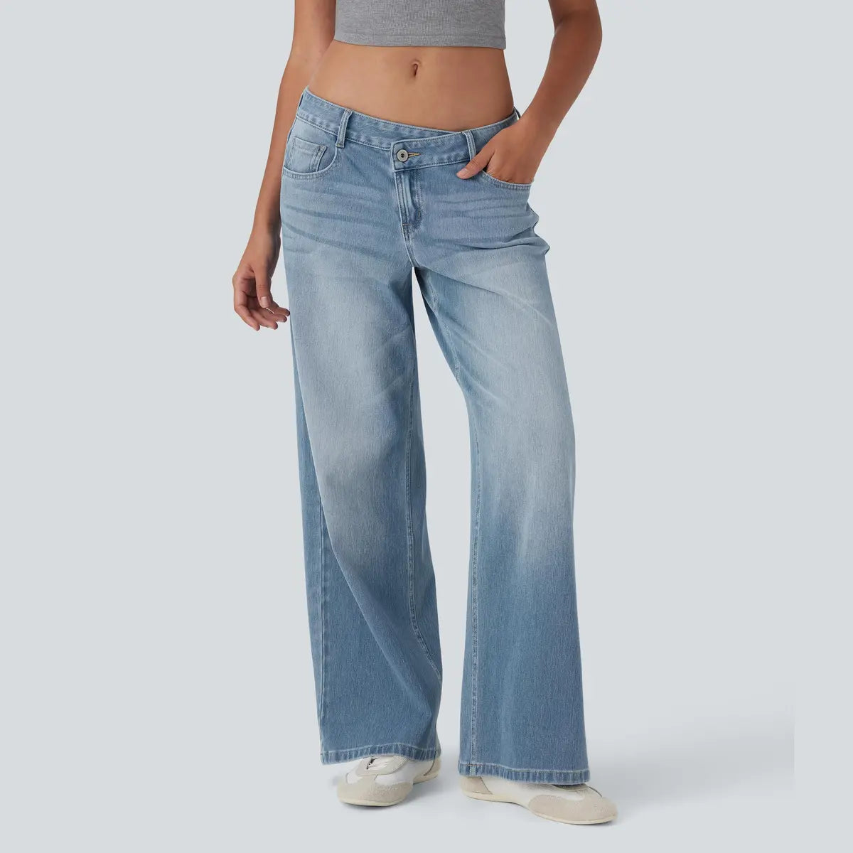 Women’s Asymmetric Low Rise Baggy Wide Leg Jeans – Washed Denim, Zipper Pockets, Casual Fit