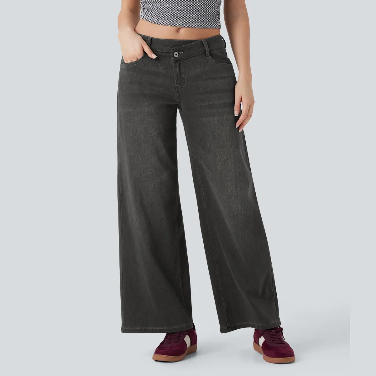 Women’s Asymmetric Low Rise Baggy Wide Leg Jeans – Washed Denim, Zipper Pockets, Casual Fit